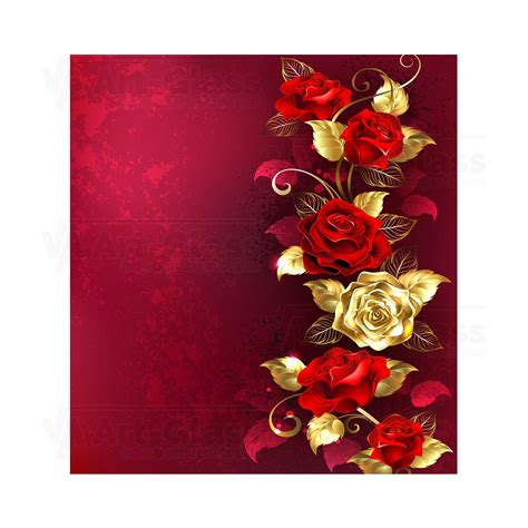 Vertical composition of red and gold jewelry roses with gold leaves on a red textured background ...