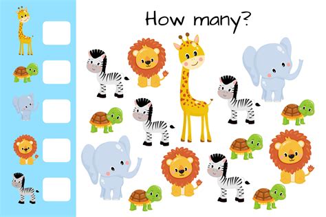 Counting game, count zoo animals and write result. Kids educational logic game. Educational ...