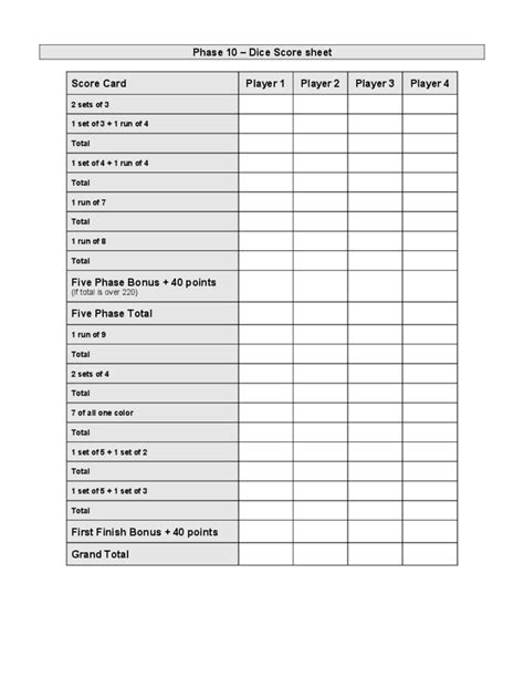 Printable Phase 10 Score Sheet