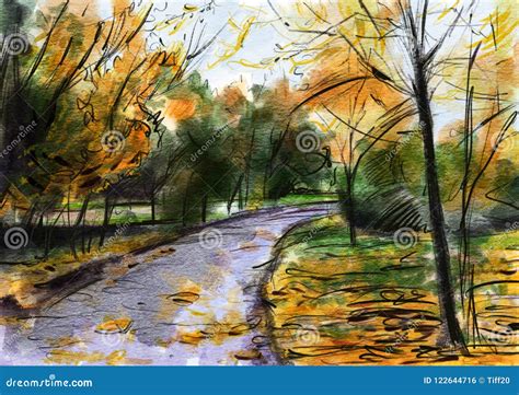 Autumn Landscape. Drawing in Watercolor and Color Pencil Stock ...