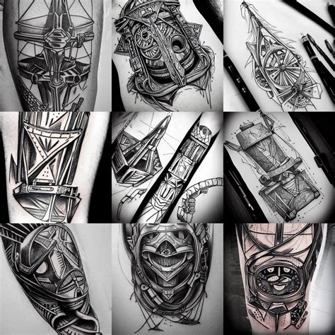 futuristic tattoo sketch with trebuchet black and | Stable Diffusion