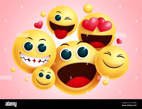 Emojis smiley group vector design. Smileys emoji group of friends with happy face and funny ...