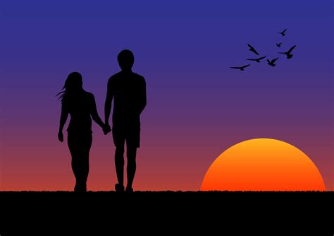 graphics drawing couple boy and girl stand to look the sunset with light silhouette orange and ...