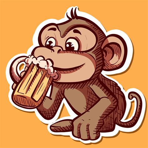 Digital art of a cartoon monkey drinking a beer. Vector of a mascot chimp holding a mug with an ...