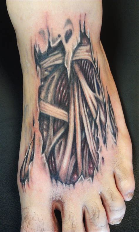 Bones and Tendons Skin Rip Foot Tattoo - Headless Hands Custom Tattoos