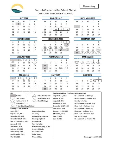 2017 - 2018 Elementary School Calendar | Laguna Middle School – San Luis Obispo, CA