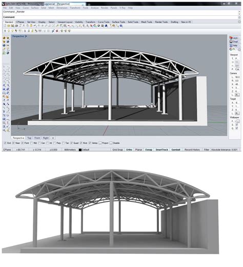 two different views of an open air pavilion with the same roof structure as well as another image