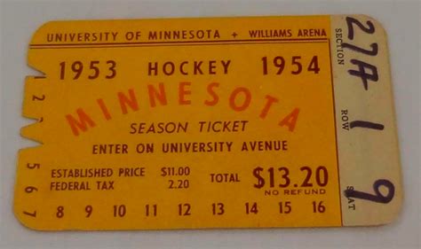 University of Minnesota Ice Hockey Season Ticket 1953-54 Minnesota ...