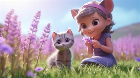 Premium AI Image | A little girl and a cat in a field of lavender