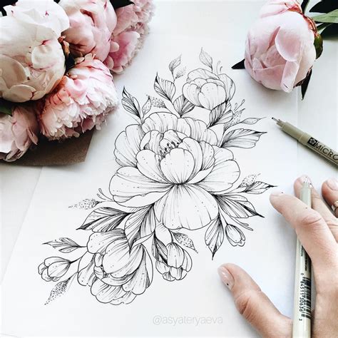 Floral Tattoo Design | Peony Tattoo Sketch