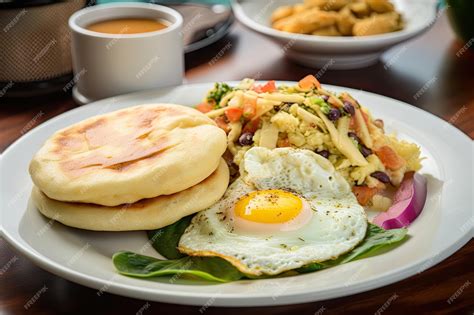 Premium AI Image | Hearty breakfast of freshlymade arepas and eggs