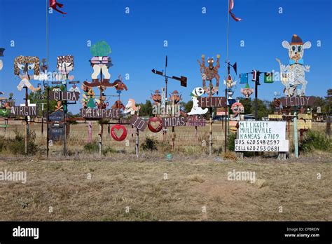 Colourful metal sculptures, Highway 54, Mullinville, Kansas, Midwest ...