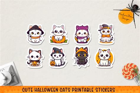 Cute Halloween cats printable stickers. PNG, JPG.