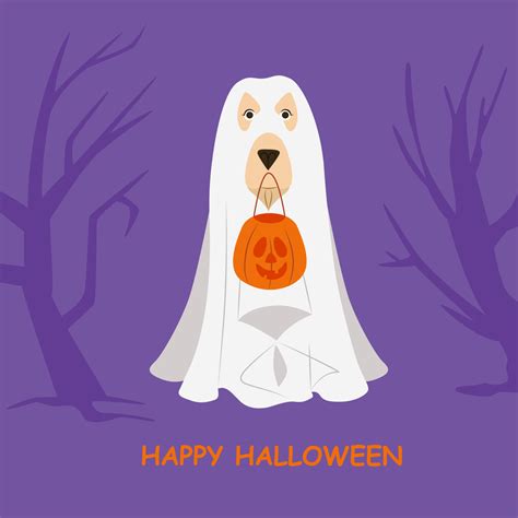 Dog in ghost costume with Halloween bucket vector illustration. Cute spooky ghost dog. Trick or ...