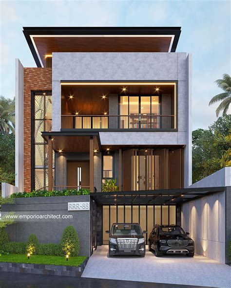 Desain Rumah Modern Industrial 3 Lantai Ibu SHR di Cibubur, Jakarta Timur - Tampak Depan 27702