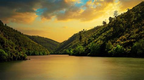 Zezere river Portugal, sky, water, sunset, hills, trees, clouds, HD wallpaper | Peakpx