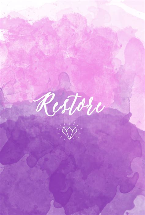 a purple and white watercolor background with the word restor written in cursive writing