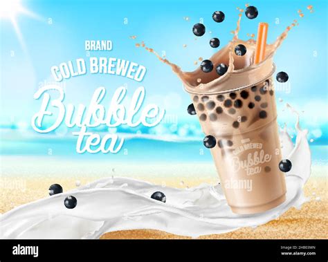 Bubble milk tea with wave splash and chocolate. Vector ad poster with ...