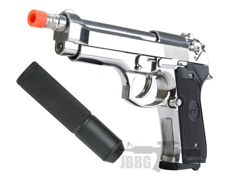 SR92 Gas Blowback Silver Airsoft Pistol with Silencer