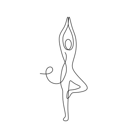 continuous line drawing of man standing in yoga pose with arms above ...