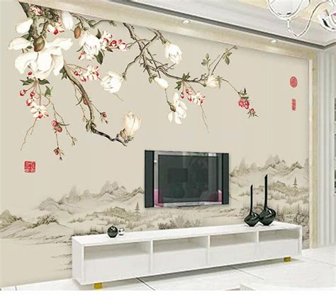 Custom Mural Wallpaper Chinese Style Flower Bird Wall Painting Wall ...