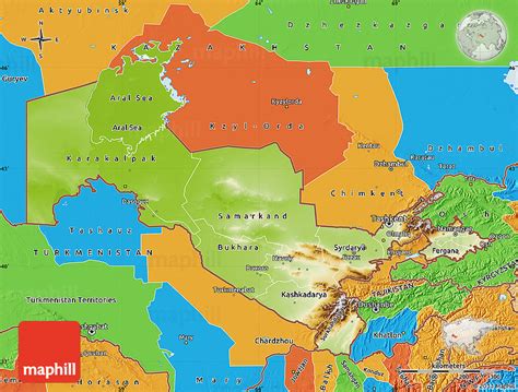 Physical Map of Uzbekistan, political outside