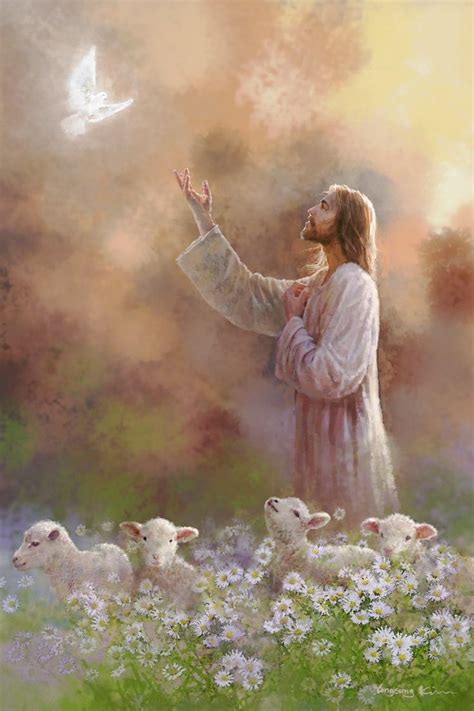 "Prince of Peace" by Yongsung Kim portrays Jesus reaching up to a dove in a field of flowers ...