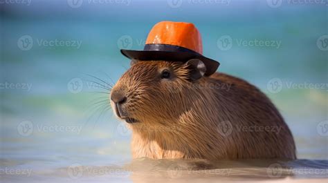 AI generated cute capybara in orange hat resting on shore of sea or ...