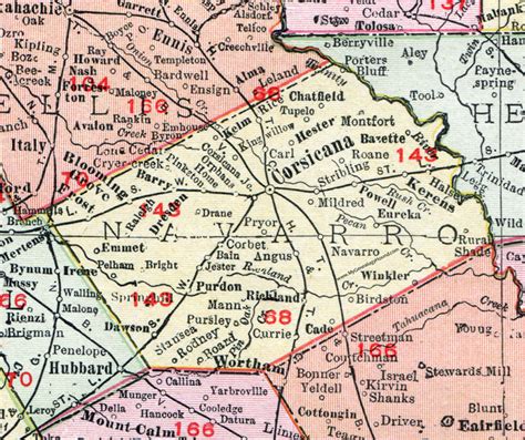 Navarro County, Texas, Map, 1911, Corsicana, Kerens, Dawson, Blooming ...