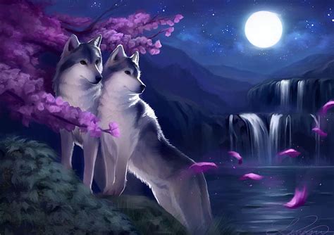 1920x1080px, 1080P free download | Moonlight, wolf, pink, blue, couple ...