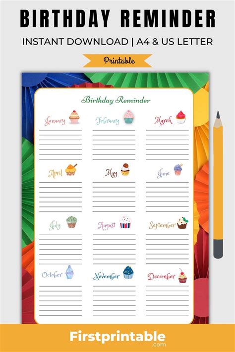 Free Birthday Reminder Printable Birthday Calendar in 2023 | Birthday reminder, Free birthday ...