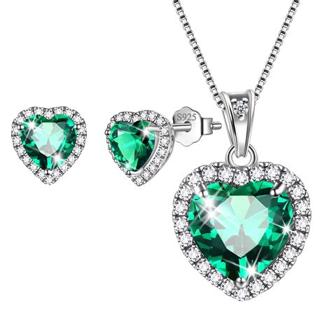 Green Heart Jewelry Sets Women Emerald May Birthstone Jewelry Set Necklace Earrings 925 Sterling ...