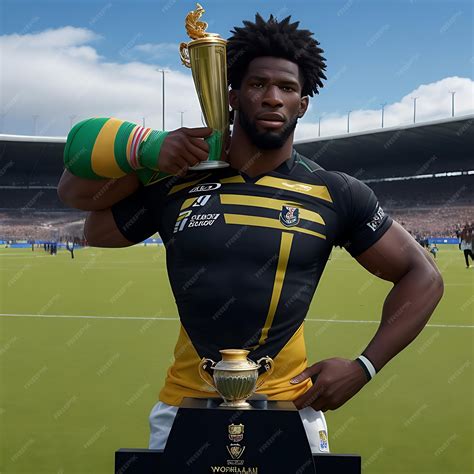 Premium AI Image | Siya Kolisi holding up the rugby World Cup in a ...