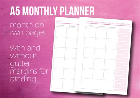 A5 MONTHLY PLANNER, Month On Two Pages, Monthly Planner, A5 Planner ...