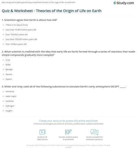 Quiz & Worksheet - Theories of the Origin of Life on Earth | Study.com