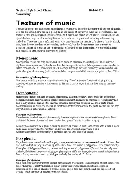 An Overview of Musical Texture: Monophonic, Homophonic, Polyphonic, and Heterophonic | PDF ...