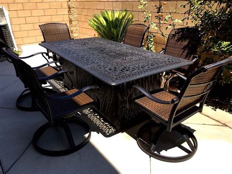 Fire pit dining propane table set 7 piece outdoor cast aluminum patio ...