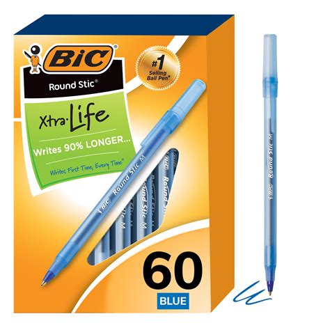 BIC Round Stic Xtra Life Ballpoint Pens, Medium Point (1.0mm), Blue, 60 ...