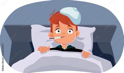 Ill Child Having High Fever Vector Cartoon Illustration. Boy displaying covid symptoms laying in ...