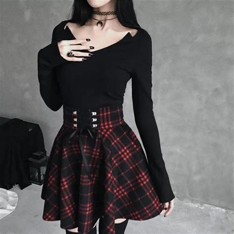 Black Checkered Women's Gothic Skirt Women Pleated Plaid Skirts Spring Autumn Girl Hip Hop ...