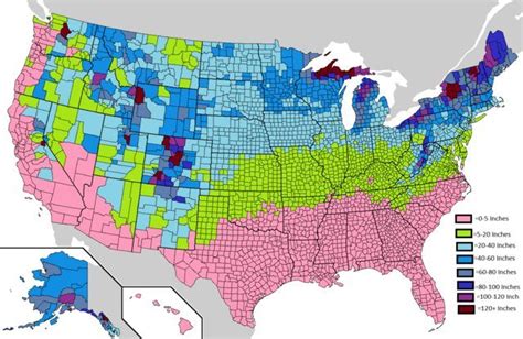 Snowfall in the United States by Counties [1513x983] | Weather map, Us map, Map