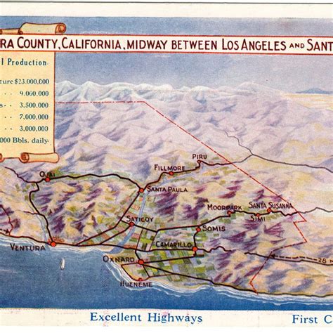 Illustrated aerial view of Ventura County. It is a map showing cities connected with highways. A ...