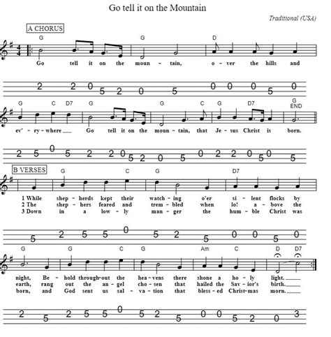 Go Tell It On The Mountain Guitar Tab And Tin Whistle Sheet Music Notes - Irish folk songs