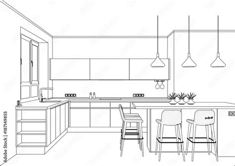 3D vector sketch. Modern kitchen design in home interior. Kitchen ...