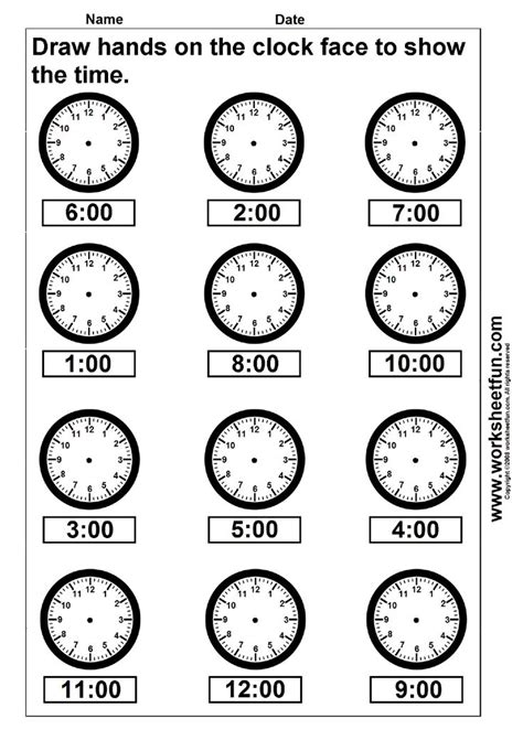 Time – Draw hands on the clock face – 4 Worksheets | Time worksheets ...