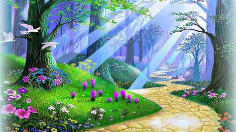 Pathway in forest, art, birds, trees, softness, paintings, paradise ...