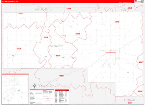 Defiance County, OH Wall Map Red Line Style