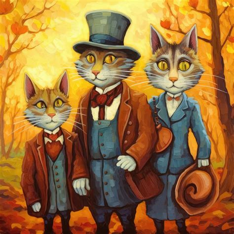 Cartoon Cat Family on an Autumn Outing, on a 6x6, 8x8 actual 7.8 or 12x12 actual 11.8 Inch ...