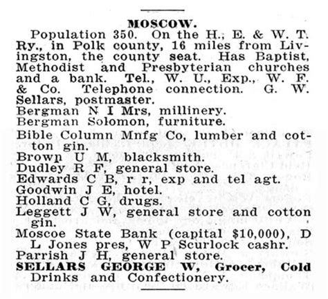 Moscow, Texas Directory Listing of Businesses, 1914