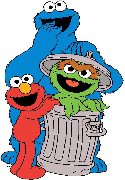 sesame and cookie characters standing next to each other in a trash can with their hands on the top